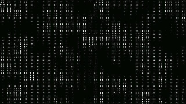Blinking random dots forming of varying density animation on black background. Halftone dots and grid growing seamless loop. Digital dots moving loop with big data visualization cartoon comic.