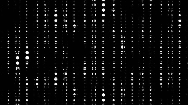 Blinking random dots forming of varying density animation on black background. Halftone dots and grid growing seamless loop. Digital dots moving loop with big data visualization cartoon comic.