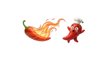 Naklejka premium Cute Cartoon Chili Pepper with Chef Hat and Flames