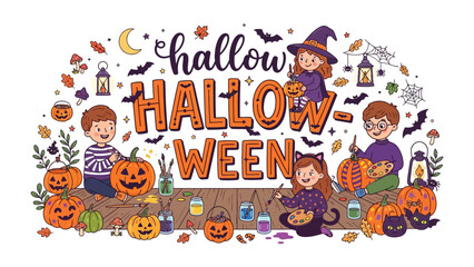 Fototapeta premium Halloween children carving pumpkins, a festive celebration with kids in costumes crafting jack-o'-lanterns and decorating for the spooky holiday.