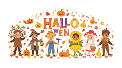 Fototapeta premium Halloween Kids Celebration: A vibrant illustration depicts a group of cheerful children dressed in creative Halloween costumes.