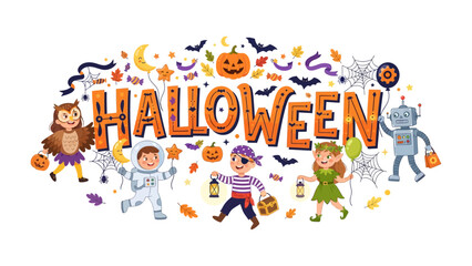 Fototapeta premium Halloween Celebration with Costumed Children: A vibrant and whimsical illustration depicting children dressed in various Halloween costumes, such as an owl, astronaut, pirate, fairy, and robot.