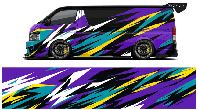 Colorful racing van with dynamic abstract graphics design.