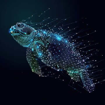 A stylized sea turtle made from connected glowing dots and lines on a dark background.