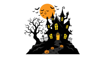 Haunted House Halloween Night: A spooky, silhouetted haunted house stands ominously on a hill under a large, grinning orange moon, with bats circling in the night sky. © Hossain