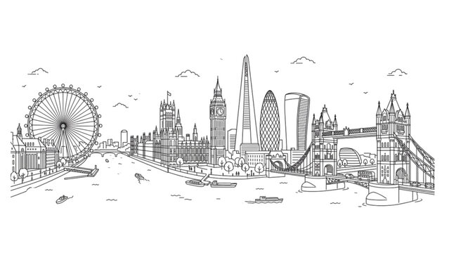 London city skyline linear panorama vector illustration with eye big ben and tower bridge outline landmarks