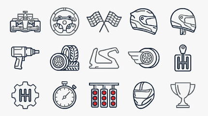 Obraz premium Sleek Black and White Line Set of 15 Racing and Car Maintenance Icons for Motorsport Designs with high quality professional line art symbols for modern creative design and digital branding projects