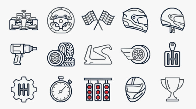 Sleek Black and White Line Set of 15 Racing and Car Maintenance Icons for Motorsport Designs with high quality professional line art symbols for modern creative design and digital branding projects