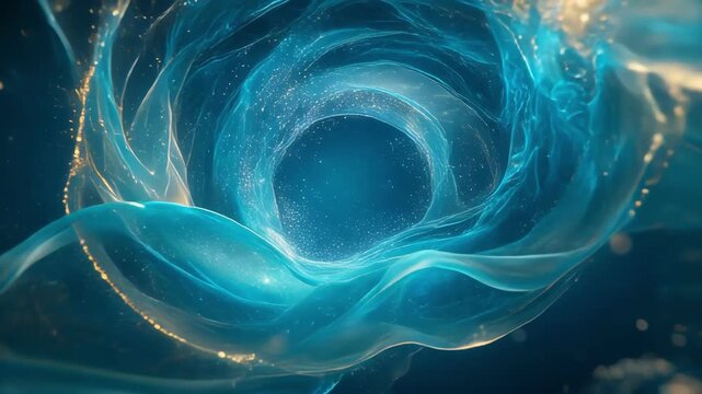 Abstract digital blue vortex with swirling transparent fluid and light particles