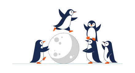 Obraz premium Group of penguins playing with moon.