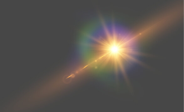 Optical lens flare light effect with golden starburst and colorful rainbow halo isolated on dark background