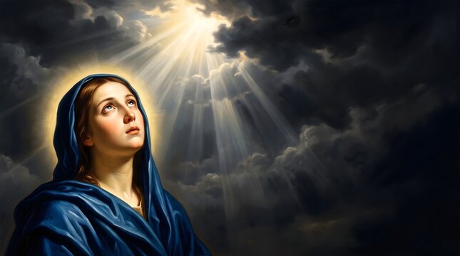 Virgin mary praying looking upwards to divine light rays in dark cloudy sky painting.