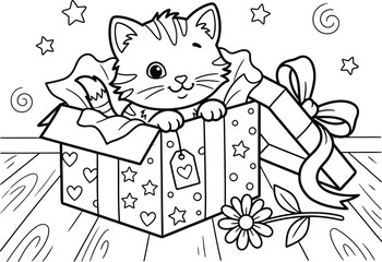 Cute kitten with gift box coloring page fun activity for kids and adults