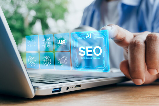 AI SEO optimization dashboard on laptop, business professional using artificial intelligence for search engine optimization, digital marketing strategy, keyword analysis, website ranking optimization