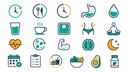 Fototapeta premium Colorful flat icons representing health and wellness concepts.