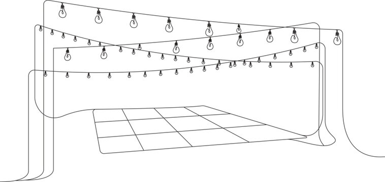 Continuous line art of outdoor event dance floor with hanging string lights.