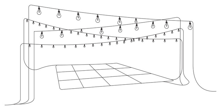 Continuous line art of outdoor event dance floor with hanging string lights.