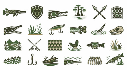 Collection of fishing and aquatic life icons in green. © Dian