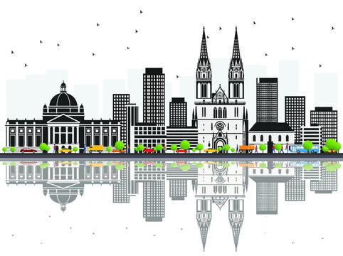 Zagreb Croatia Skyline Silhouette Vector Illustration with Water Reflection