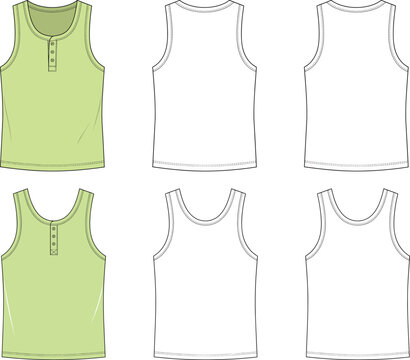 Technical casual henley tank top template featuring button placket and scoop neckline multi-view for apparel manufacturing vector flat sketch