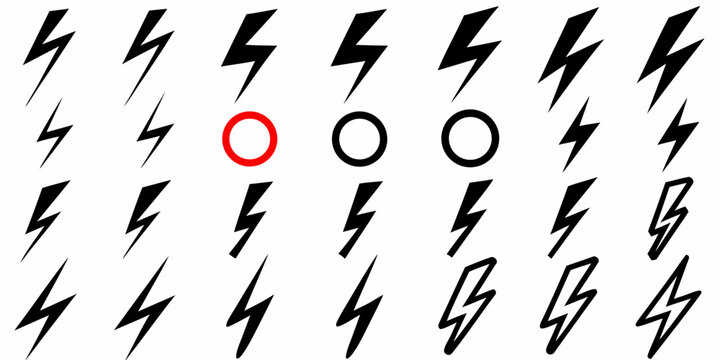 lightning bolt variations on white background electricity symbol icon pattern vector graphic design black energy power storm weather nature thunder