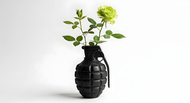 Black grenade holds single green rose on white studio environment
