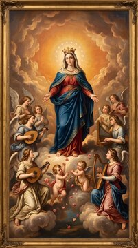 Classical oil painting of assumption of mary crowned with halo and surrounded by musical angels.