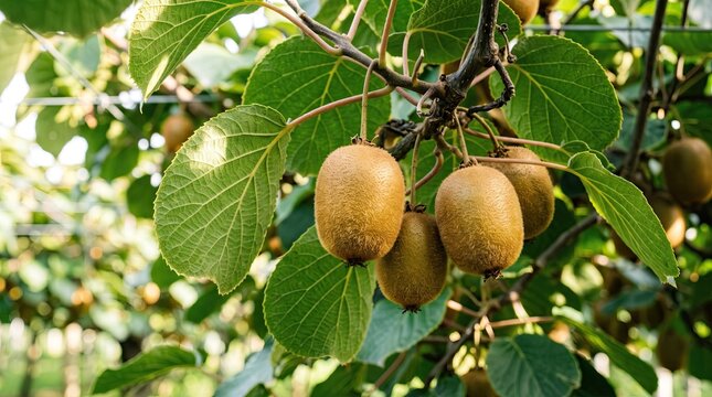 Fresh kiwi fruits on the vine a close up of ripe hayward kiwifruit in an orchard