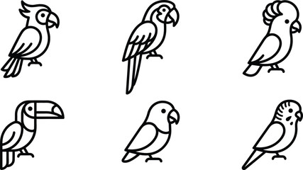 Exotic Parrots and Tropical Avian Species Line Icon Set with Macaw, Cockatoo, Toucan, Budgerigar, Parakeet, and Lovebird Symbols for Wildlife Designs © Md