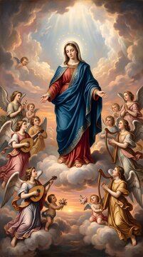 Assumption of blessed virgin mary to heaven depicted with musical angels and glowing light rays.