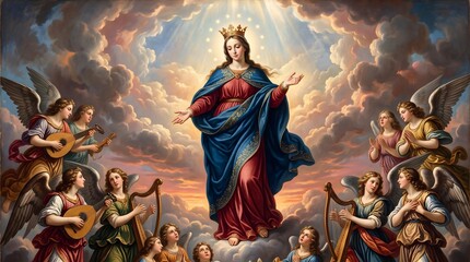 Fototapeta premium Cinematic religious painting of virgin mary assumption in golden light with heavenly host angels.