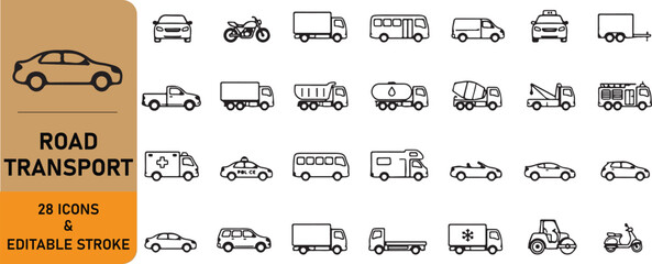 A set of 28 road transport line icons  © Dipika