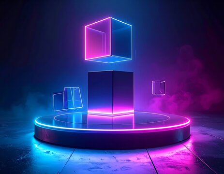 Neon Lit 3D Cube Display Platform.