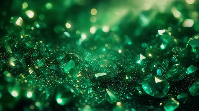 Close-up of sparkling green gemstones with glittering light effects