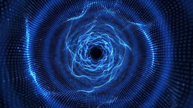Abstract blue digital tunnel formed by glowing particles and light waves in deep space