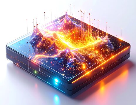 Smartphone with glowing digital landscape screen.