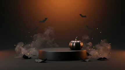 Fototapeta premium A dark Halloween scene with a metallic pumpkin on a pedestal surrounded by bats smoke and autumn leaves on a spooky orange background