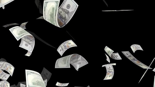 Money falling dollar banknotes on a transparent background. US dollar banknotes flying in super slow motion against black background.
Seamless US Dollars falling animation. dollars bills falling down.