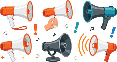 Megaphone bullhorn vector illustration set featuring hand-held loudspeakers public announcement alerts sound waves and notification audio symbols. © Rukhsana