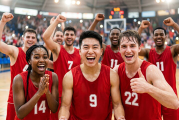 Fototapeta premium Excited basketball team cheering in red team jerseys