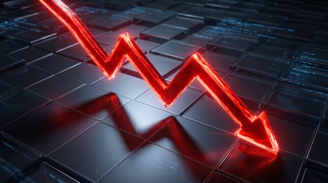 An ultra-realistic 3D financial crisis concept featuring a glowing red downward zigzag arrow plunging across a dark financial chart grid, symbolizing stock market decline, economic recession 