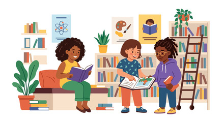 Diverse Group of Children Reading Books Together in a Library