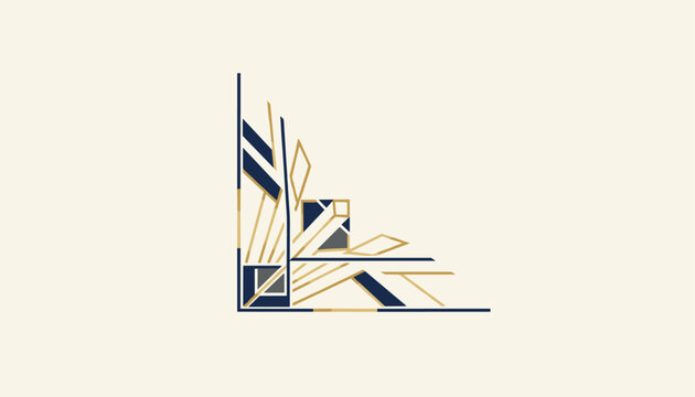 Elegant art deco corner border design with complex geometric lines, metallic gold accents, and deep blue shapes.