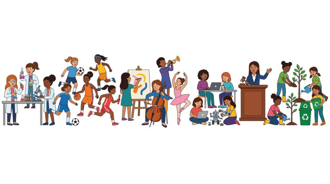 Diverse Group of Children Engaging in Various Hobbies and Educational Activities