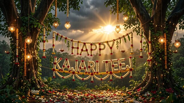 Beautiful Kajari Teej Festival Floral Garland Decoration beneath Sacred Trees with Monsoon Celebration Background for Greeting Design