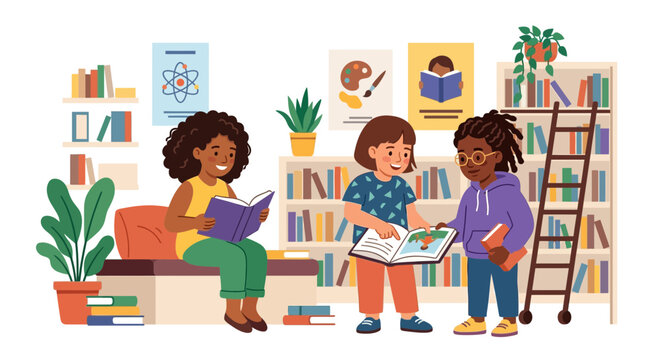 Diverse Group of Children Reading Books Together in a Library