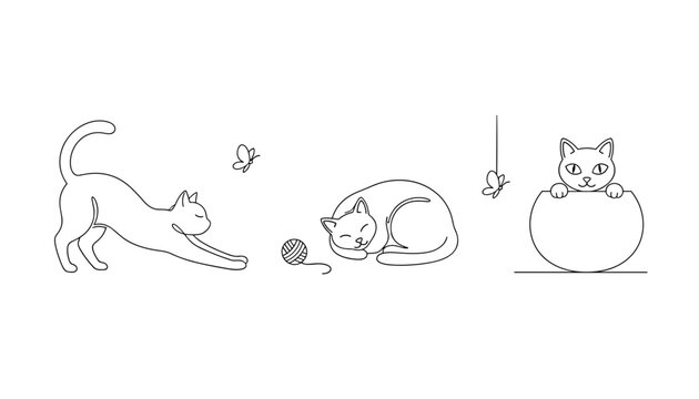 Minimal continuous line drawings of cute cats playing with butterflies, a yarn ball, and sitting in a bowl.