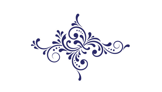 Detailed dark blue ornamental flourish design with baroque spirals and decorative scrolls on a white background.