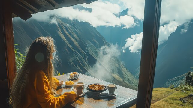 Woman sits at a wooden table on a balcony overlooking a dramatic mountain range while enjoying a peaceful morning meal during her mountain retreat in a remote and beautiful wilderness destination.