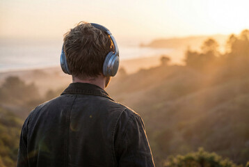 Obraz premium Man wearing headphones looking at a beautiful nature landscape at sunset
